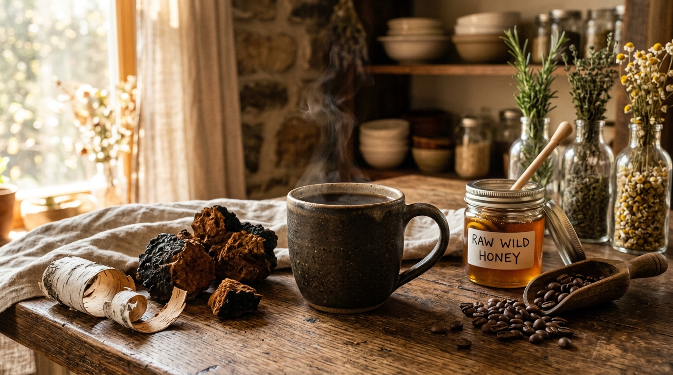 Mug of smooth Chaga mushroom coffee on a wooden kitchen table with wild Chaga chunks and raw honey