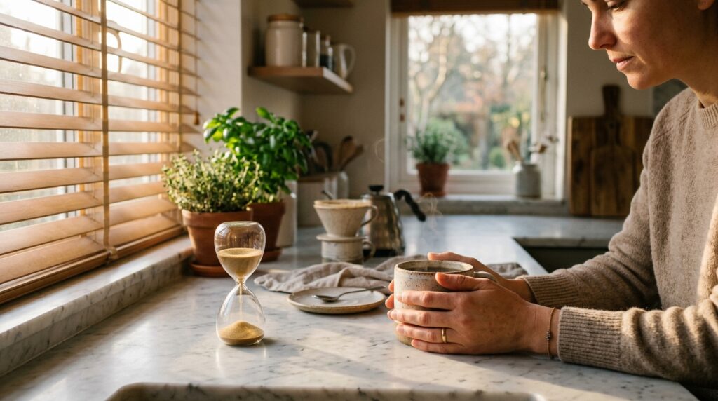 Morning sunlight shining on hands holding a warm ceramic cup of balanced caffeine mushroom coffee with hourglass