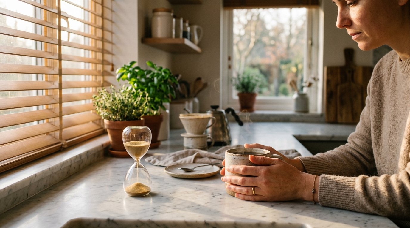 Morning sunlight shining on hands holding a warm ceramic cup of balanced caffeine mushroom coffee with hourglass