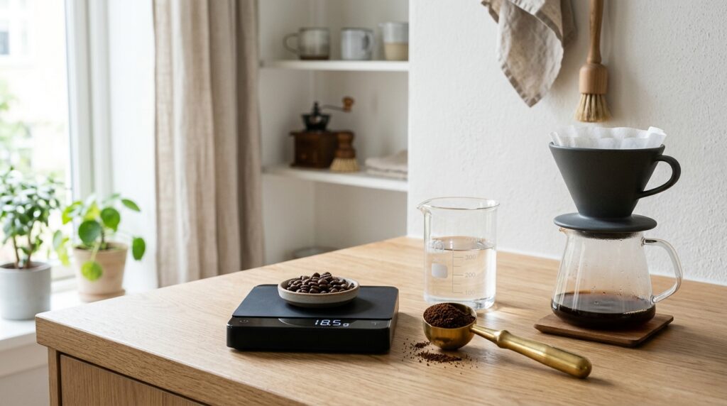 Digital kitchen scale with brass scoop of fresh ground coffee and glass beaker on clean Scandinavian counter