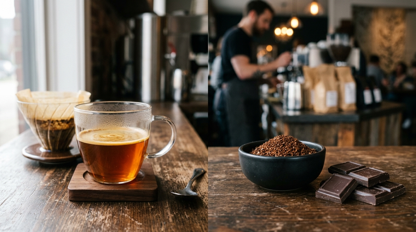 Freshly brewed specialty Arabica pour-over coffee with chocolate notes in an artisan café setting