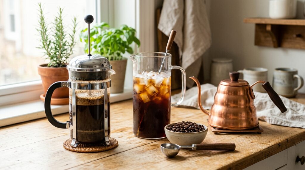 Classic glass French press blooming with dark coffee next to a pitcher of iced cold brew on sunny kitchen counter
