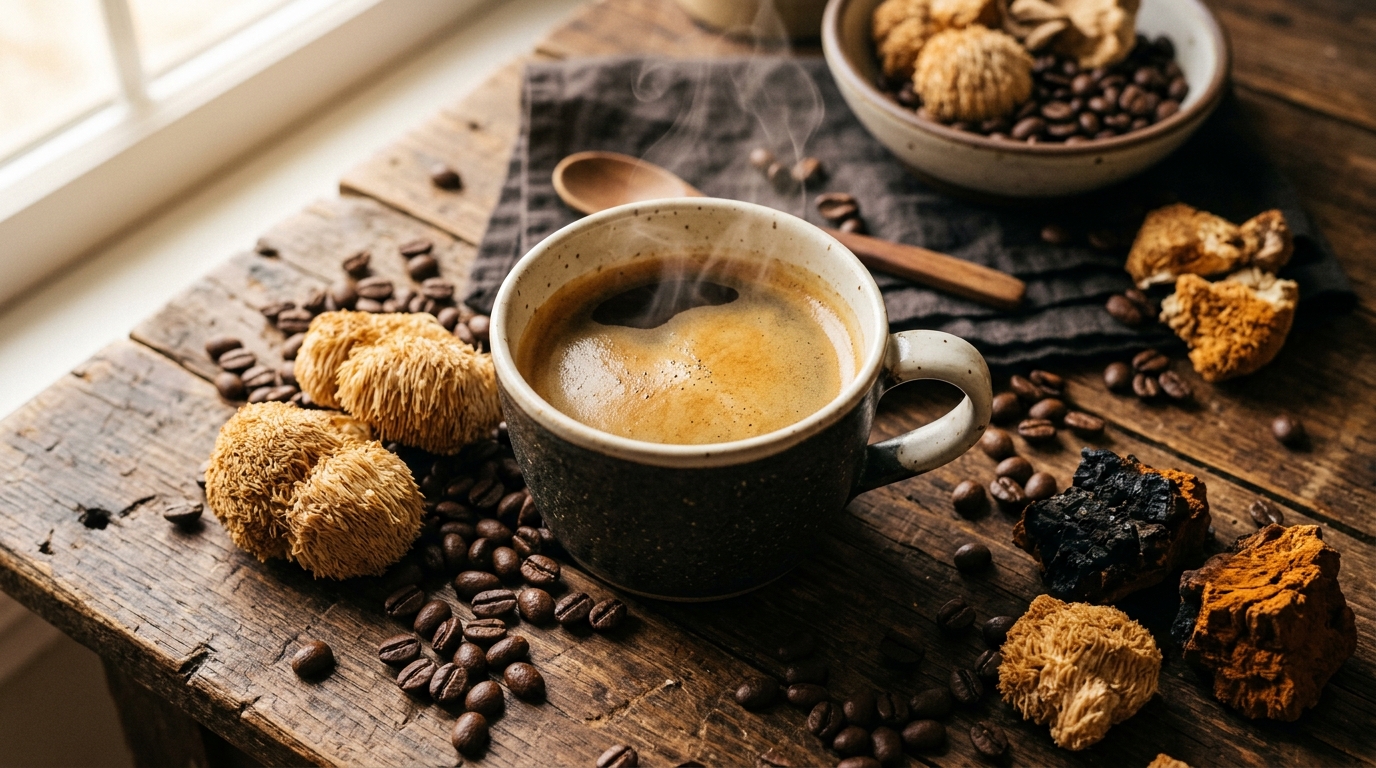 Steaming cup of specialty functional mushroom coffee with Lion's Mane and Chaga on rustic wood table