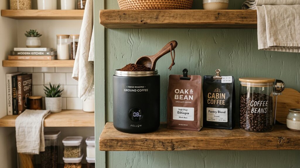 Matte black vacuum sealed coffee canister with wooden scoop in organized kitchen pantry