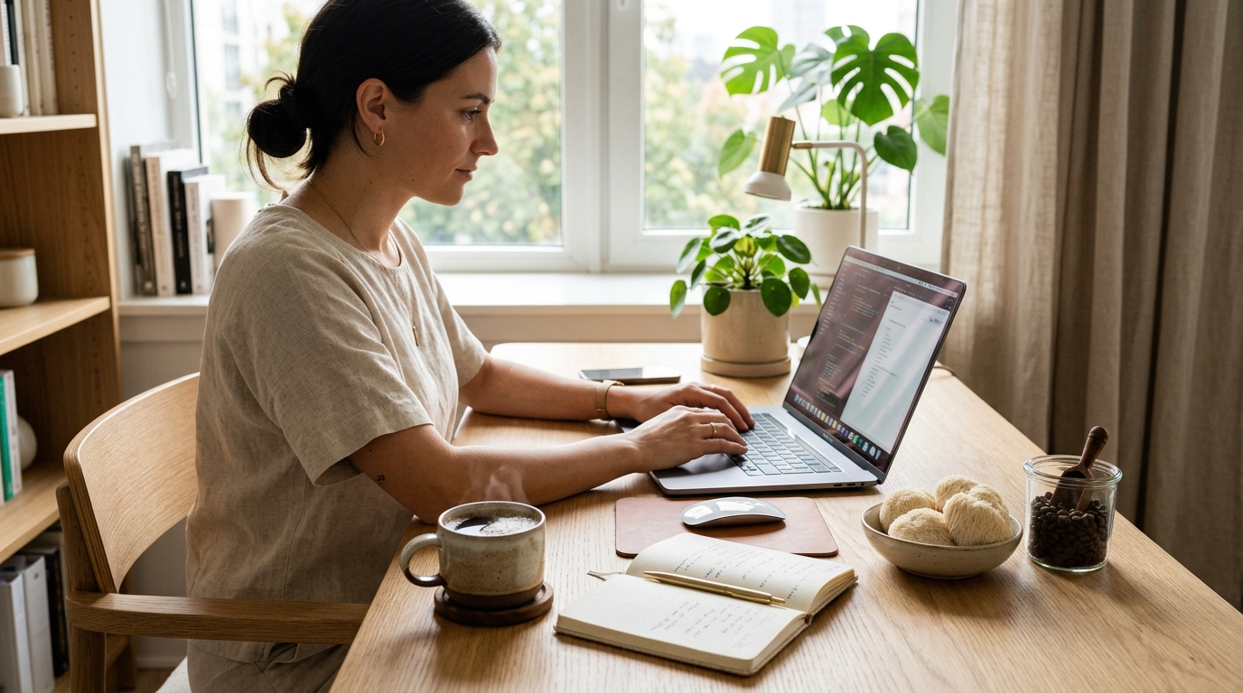 Woman working on laptop at modern desk with steaming cup of Lion's Mane focus coffee