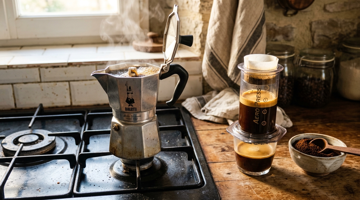 Italian Moka pot steaming on stovetop next to clear AeroPress with rich crema in rustic kitchen