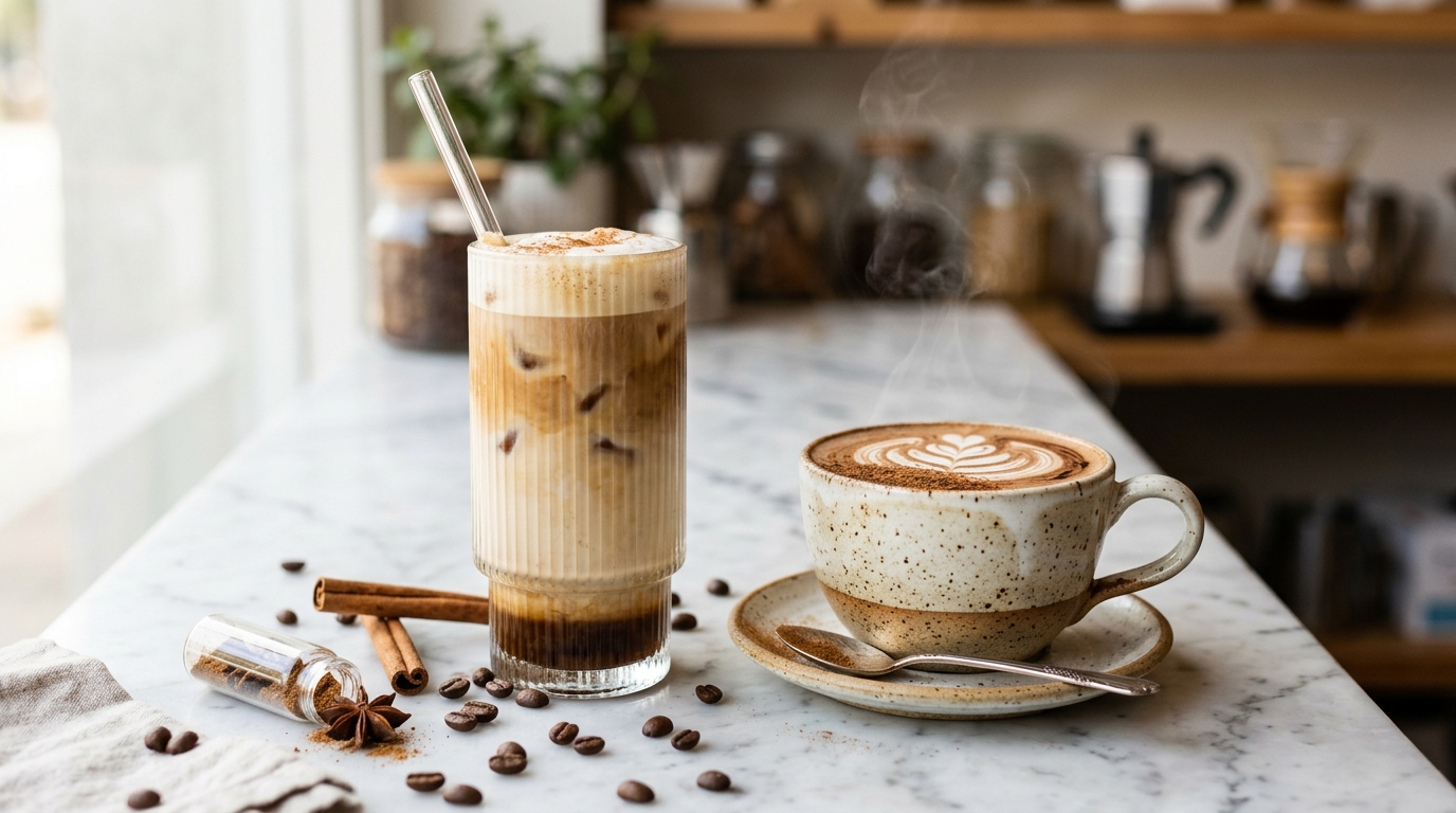 Layered iced vanilla oat milk latte and warm cinnamon mocha made with specialty adaptogen mushroom coffee