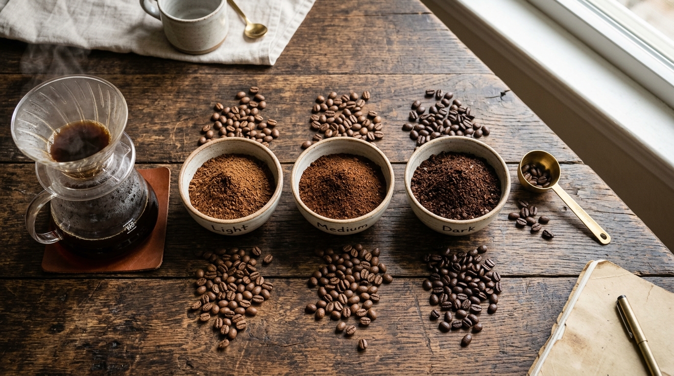 Three bowls showing light, medium, and dark roast specialty ground coffee on rustic wood table with pour-over