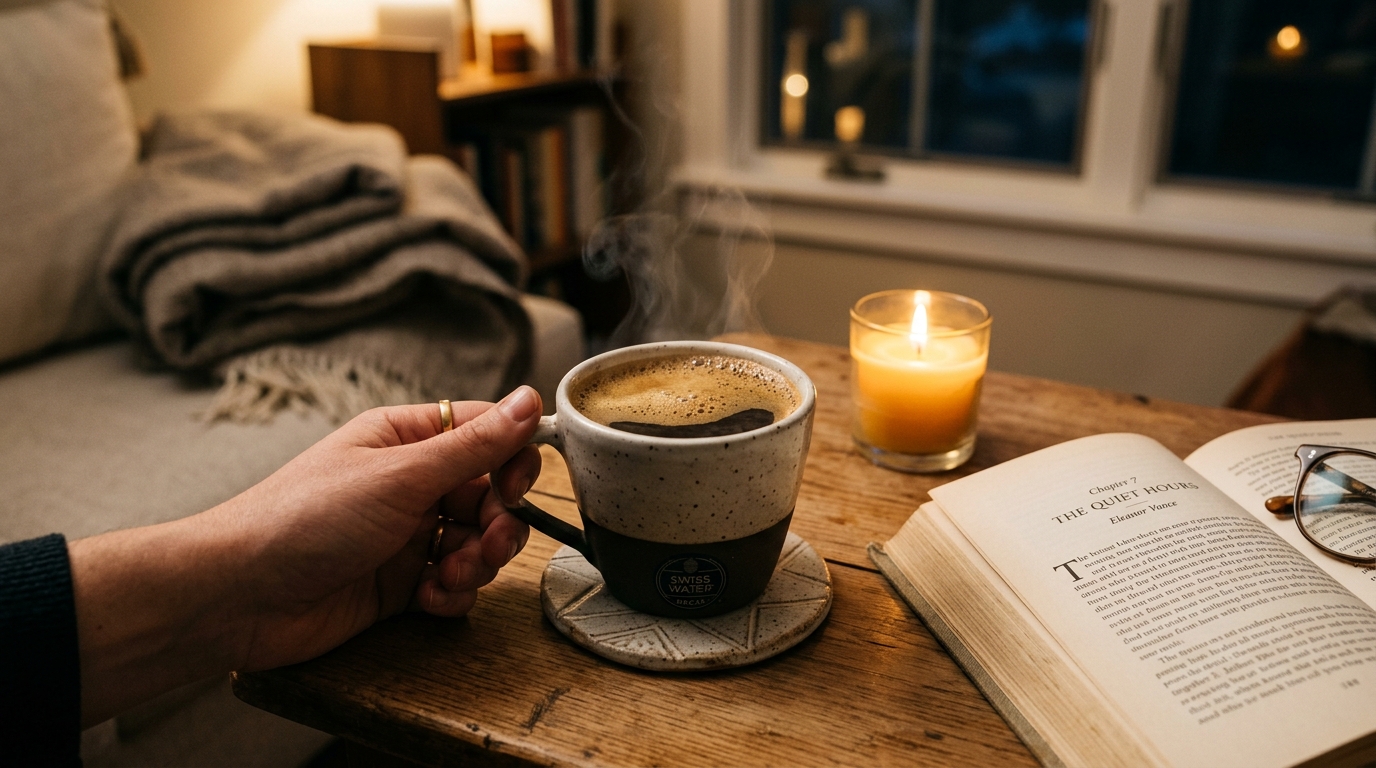 Cozy evening cup of steaming specialty decaf coffee next to a book and warm candle